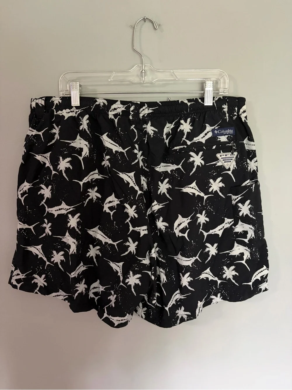 Columbia PFG Swim Trunks Mens XL Black White Swordfish Drawstring Shorts AOP